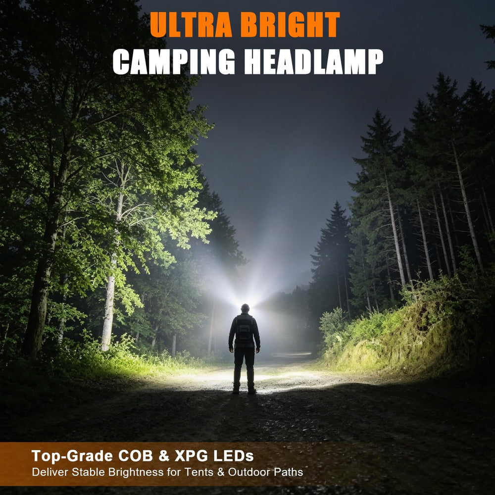 GloworPath headlamp in camping use illuminating tent and campsite safety