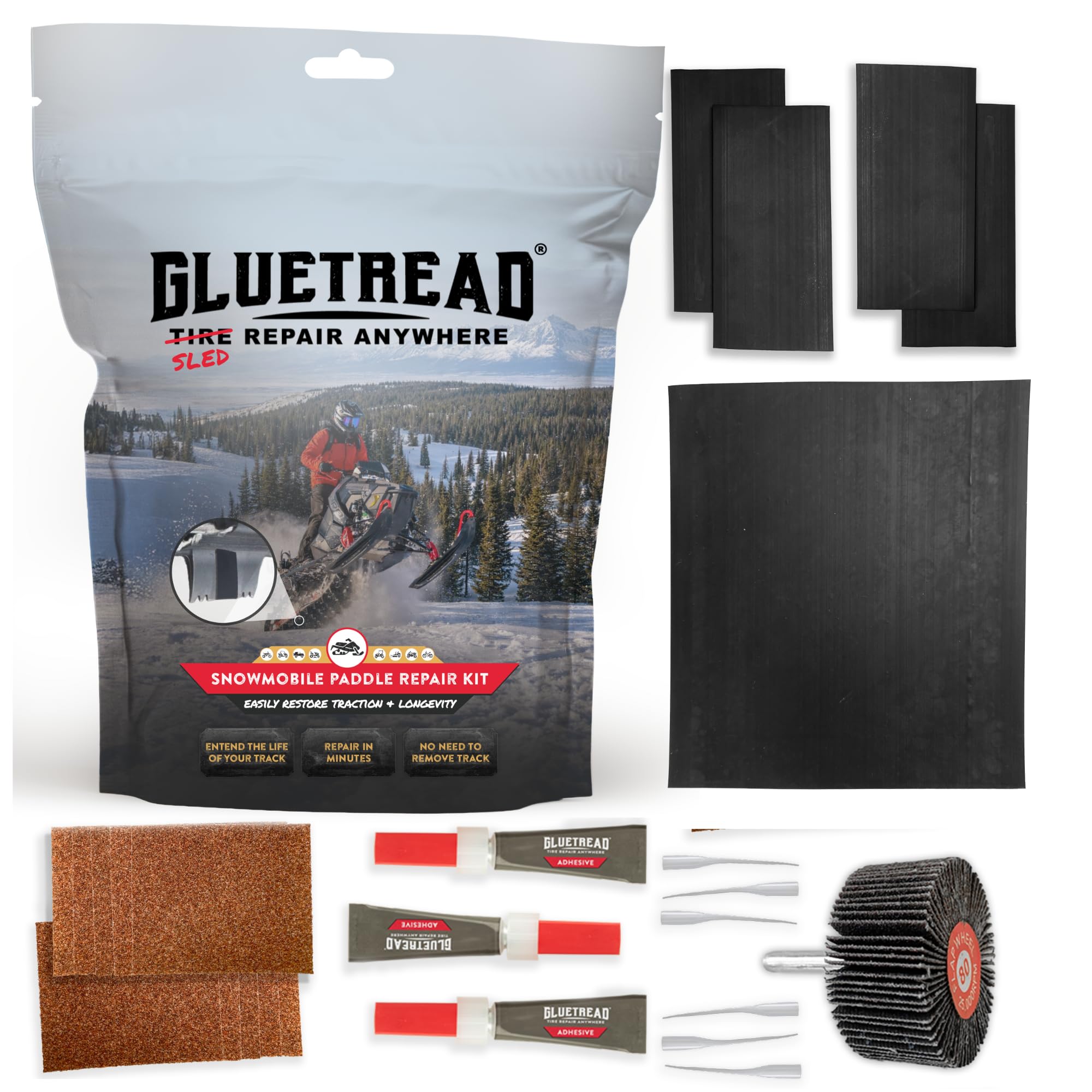 GlueTread front packaging showing kit contents and benefits