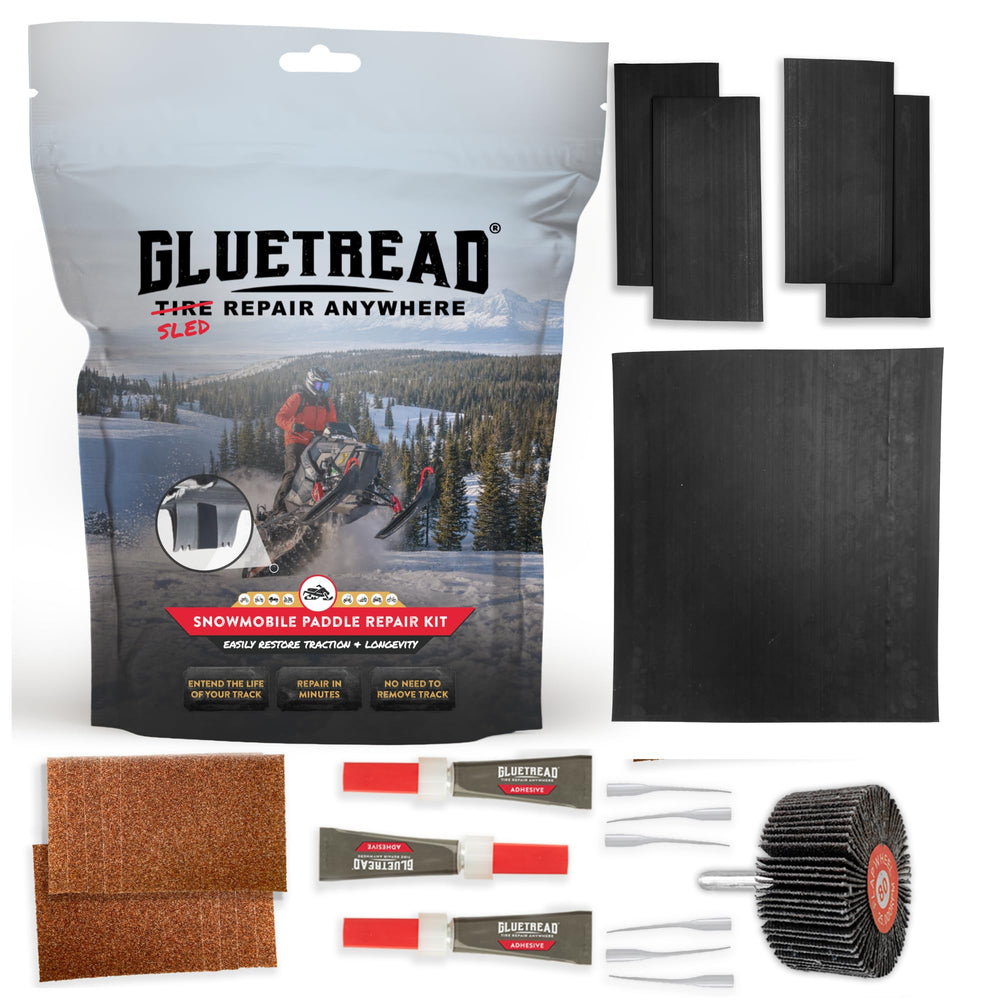 GlueTread front packaging showing kit contents and benefits