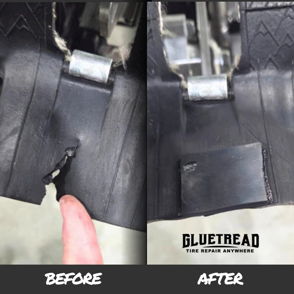 GlueTread rubber patch applied to snowmobile track demonstrating reinforcement