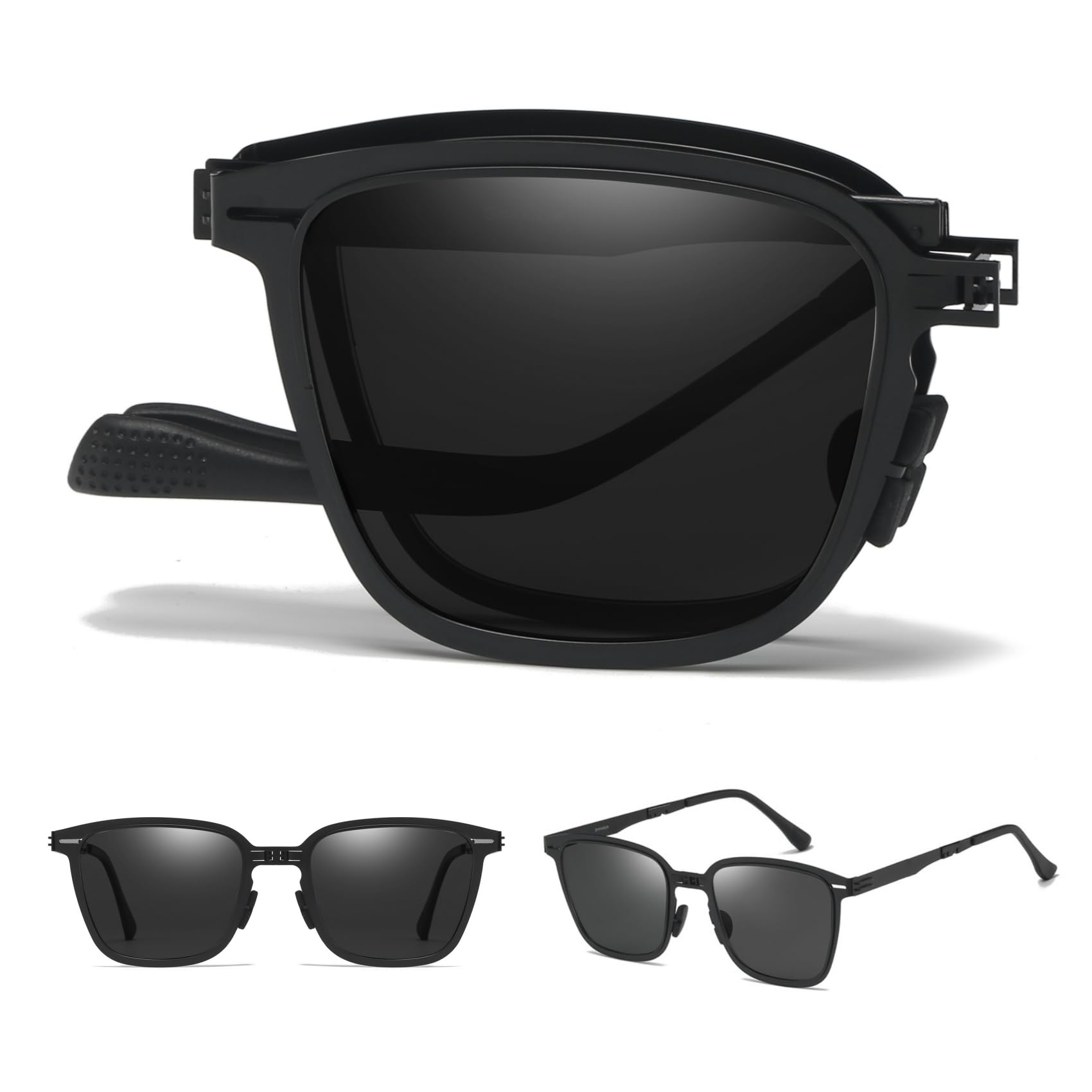 GMKATEYE front view of folded sunglasses showing compact portability and style