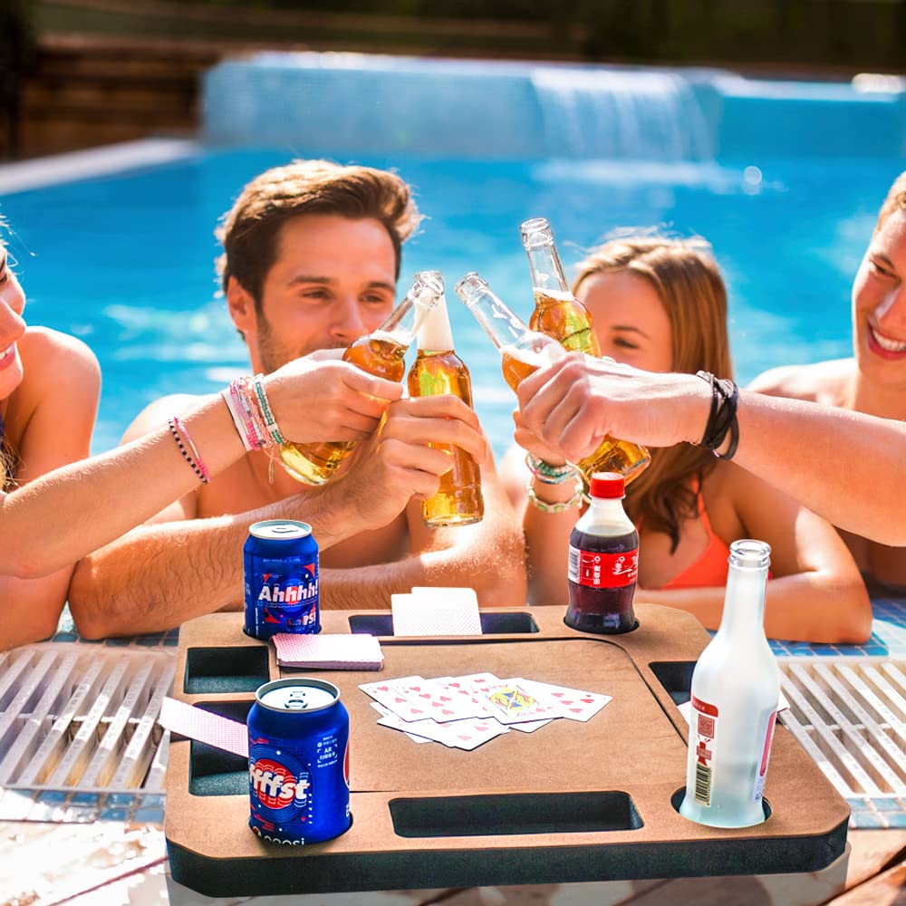 GNYOGO tray in use with people in pool offering hands-free snacking and gaming fun