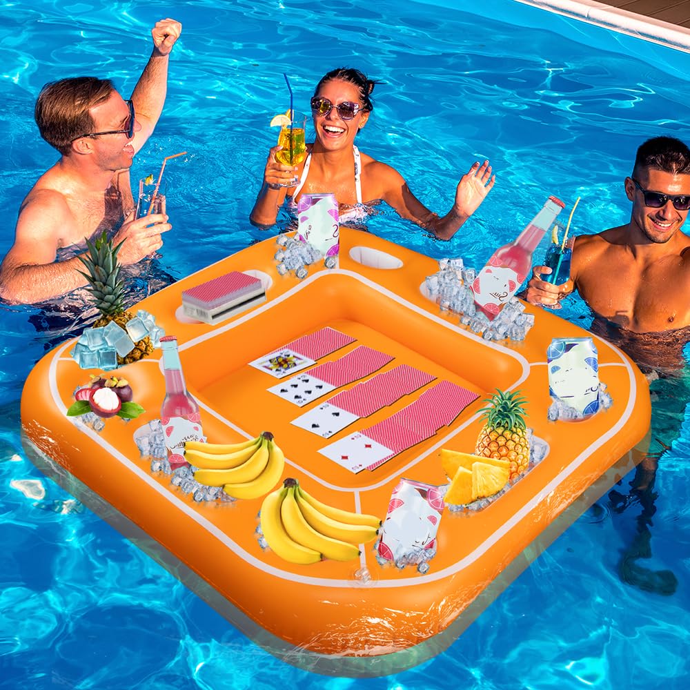 GNYOUS table in use at a pool party holding cards, drinks and snacks for relaxed play