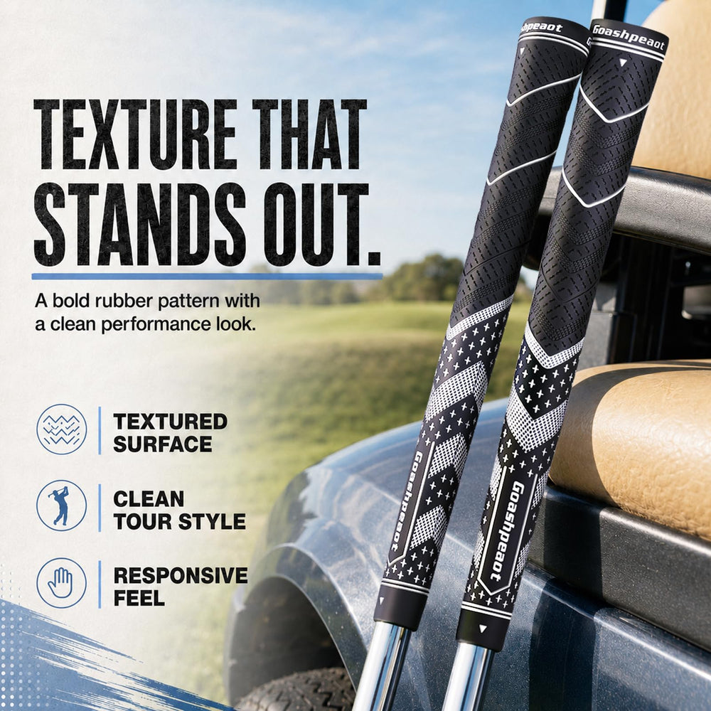 Goashpeaot grips installed on clubs demonstrating uniform look and control