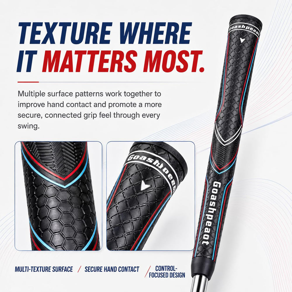 Goashpeaot grips next to club shaft showing scale and fit for multiple clubs