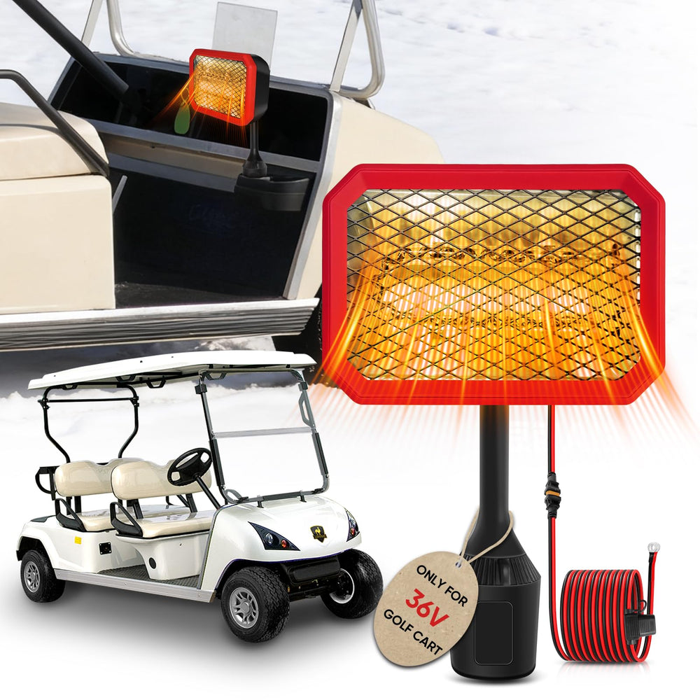 Gociean heater in-use on a golf cart keeping players comfortably warm