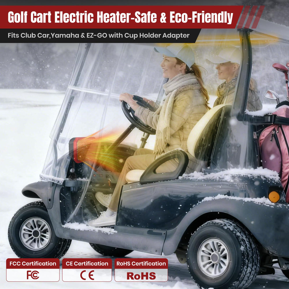 Gociean heater beside a golf club showing compact scale and fit