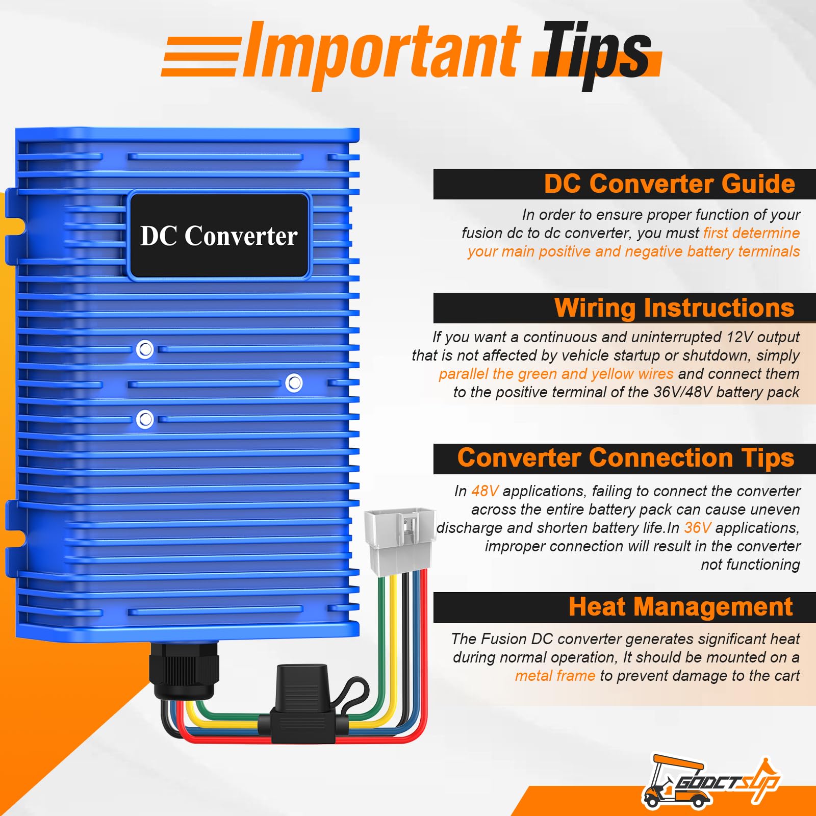 GODCTSUP installed under a golf cart seat showing compact fit and tidy wiring benefits