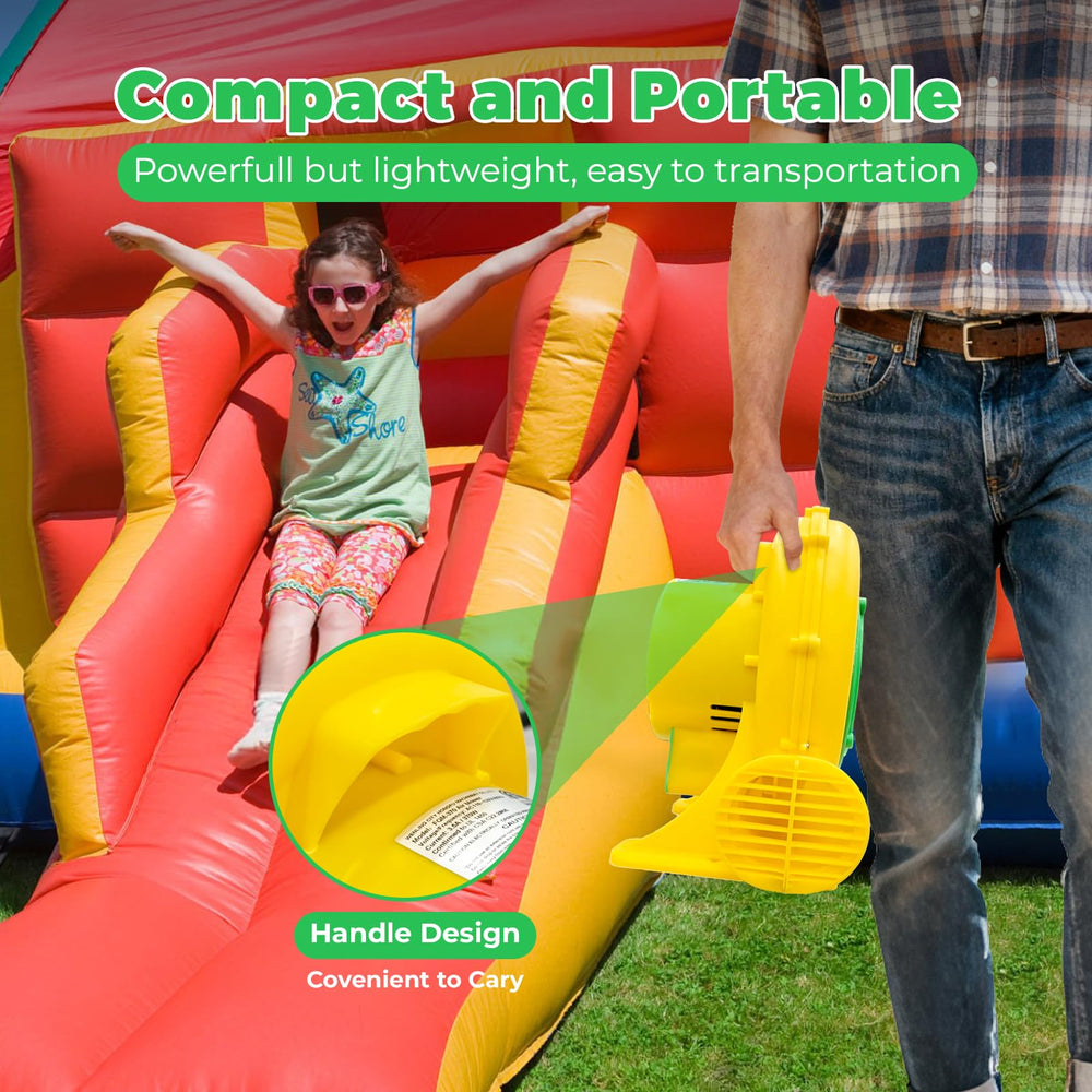 GOFAFALO blower powering backyard inflatable at party showing outdoor-ready benefit