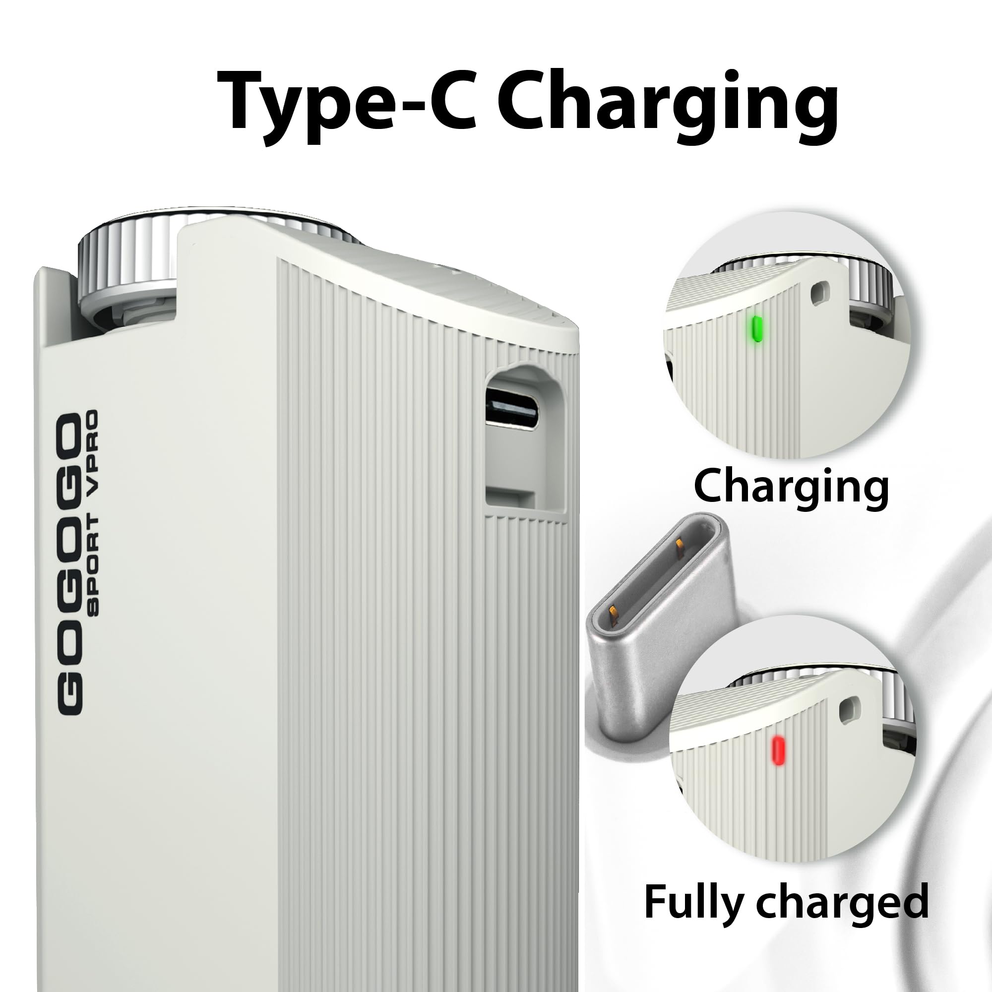Gogogo Sport Vpro USB-C charging port view emphasizing fast rechargeable convenience