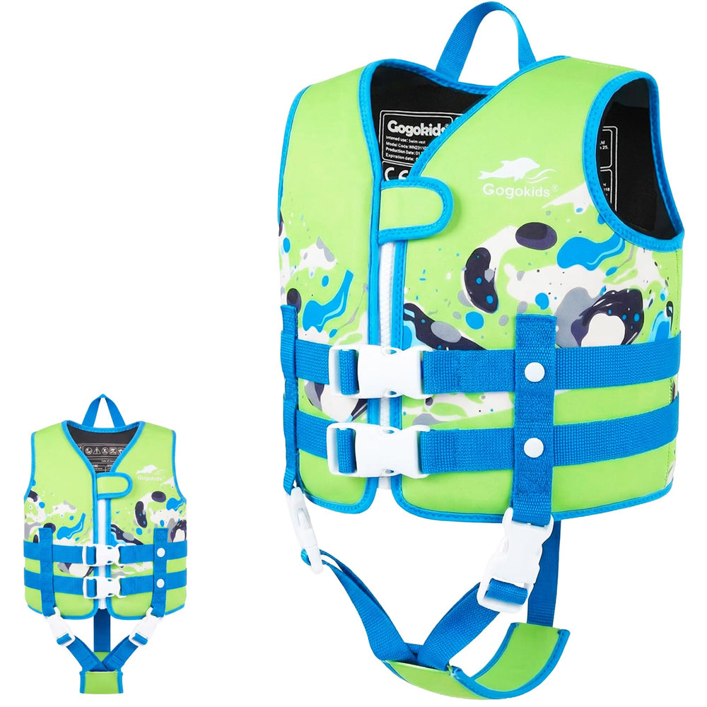 Gogokids front view of swim vest showing secure buckles and fit for safer swimming