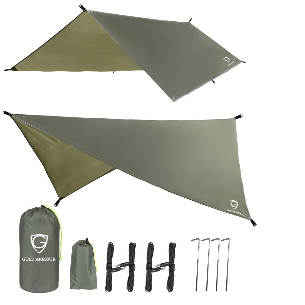 Gold Armour front view of rainfly tarp showing shape and coverage, durable weather protection