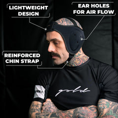 Gold BJJ back strap adjustment showing secure Velcro fit benefit