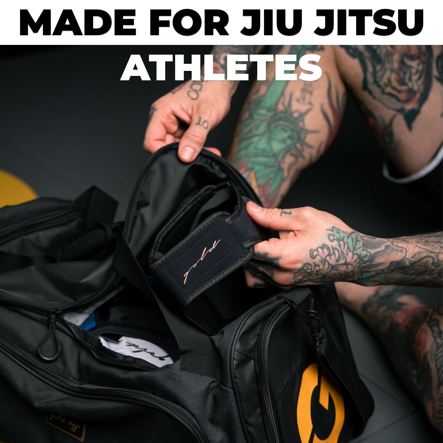 Gold BJJ size comparison in hand showing one-size-fit versatility benefit