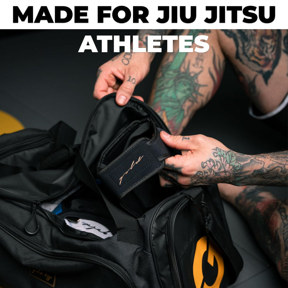 Gold BJJ size comparison in hand showing one-size-fit versatility benefit