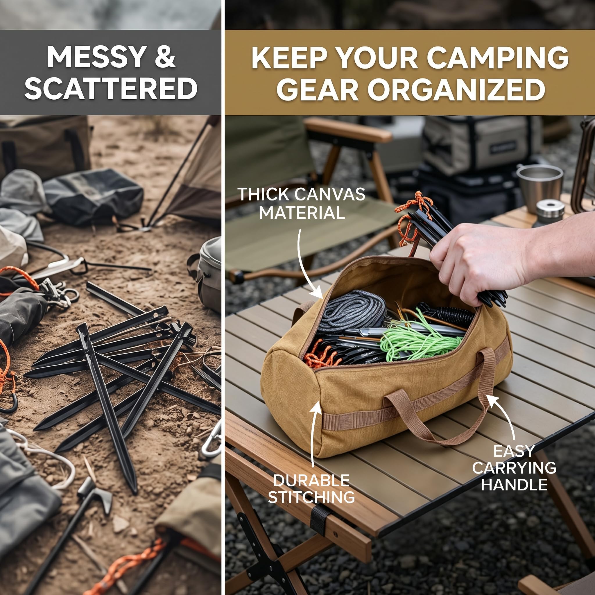 GoldCamp open canvas bag with stakes and hammer protecting other gear during transport