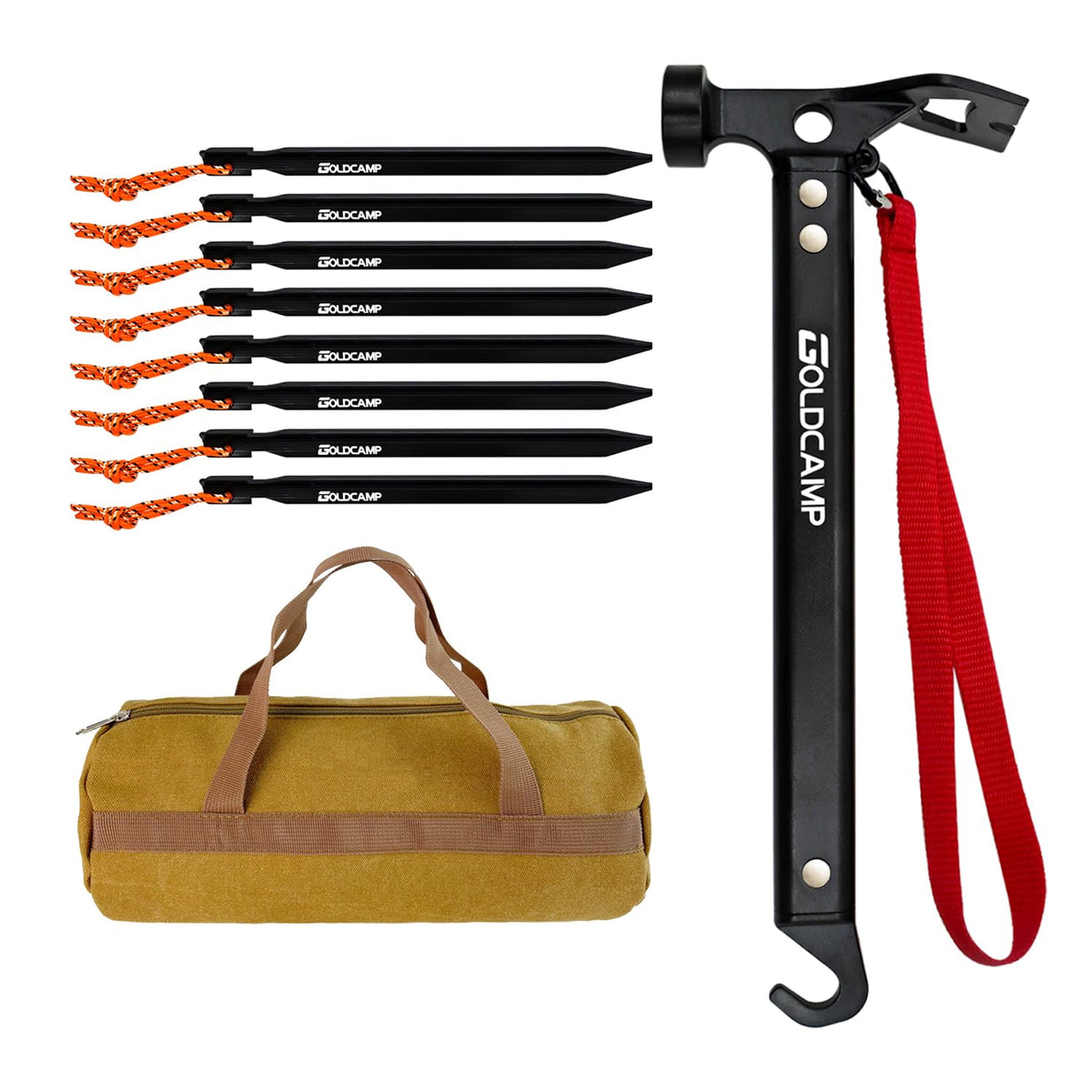 GoldCamp front view of kit showing stakes hammer and canvas bag for organized packing