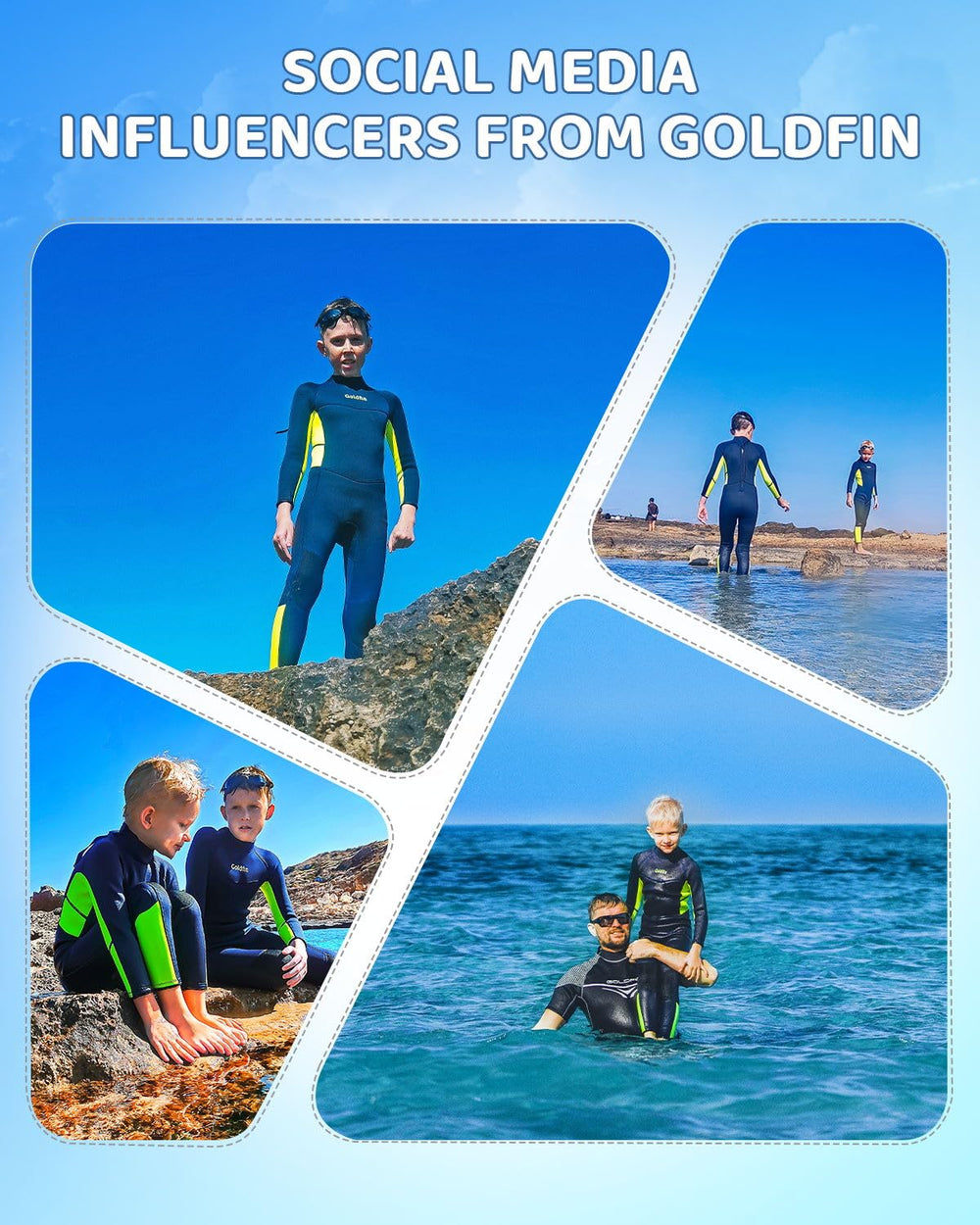 Child wearing GoldFin wetsuit in shallow water demonstrating mobility