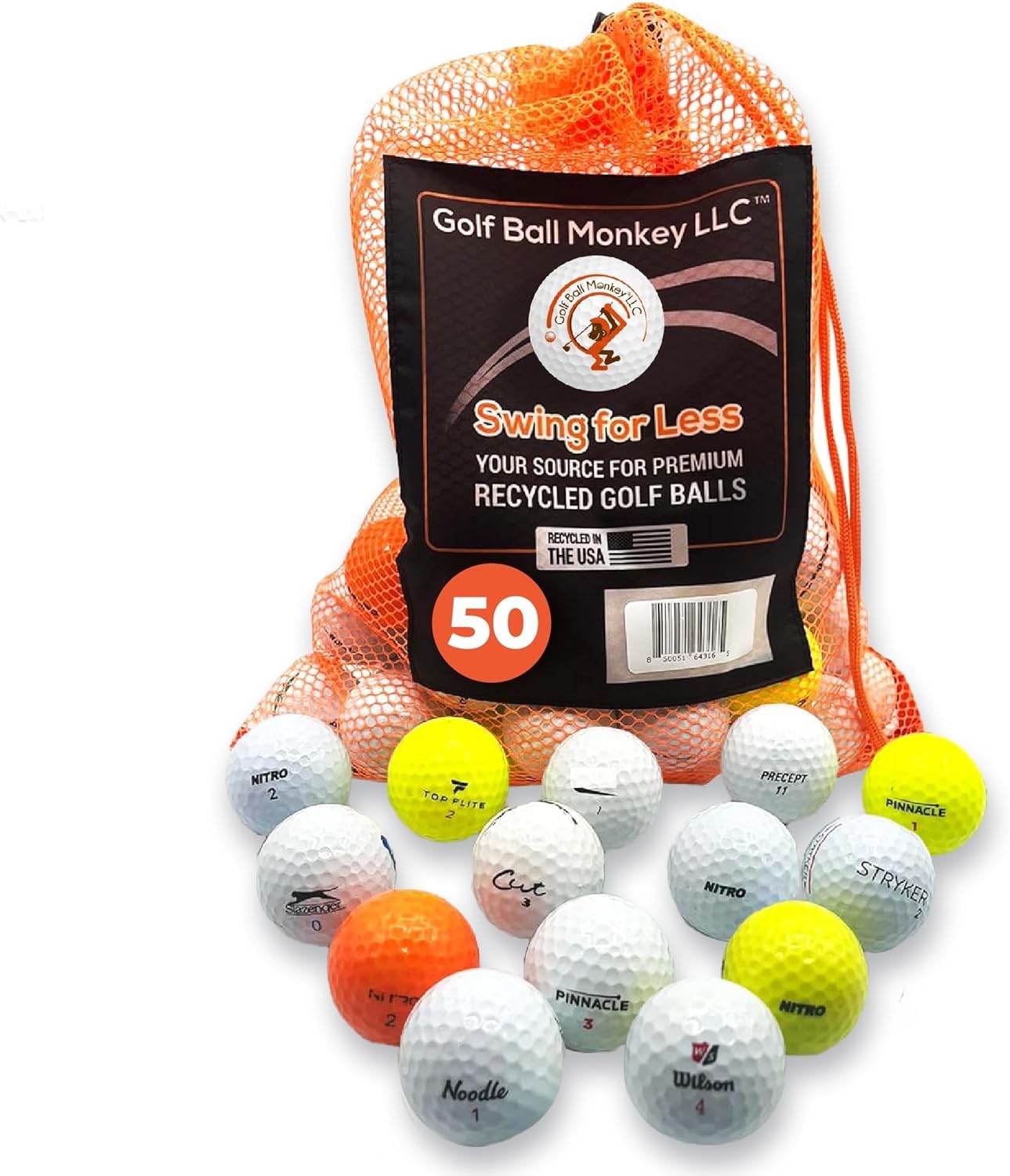 Golf Ball Monkey front packaging showing 50-ball value pack and mesh bag benefit