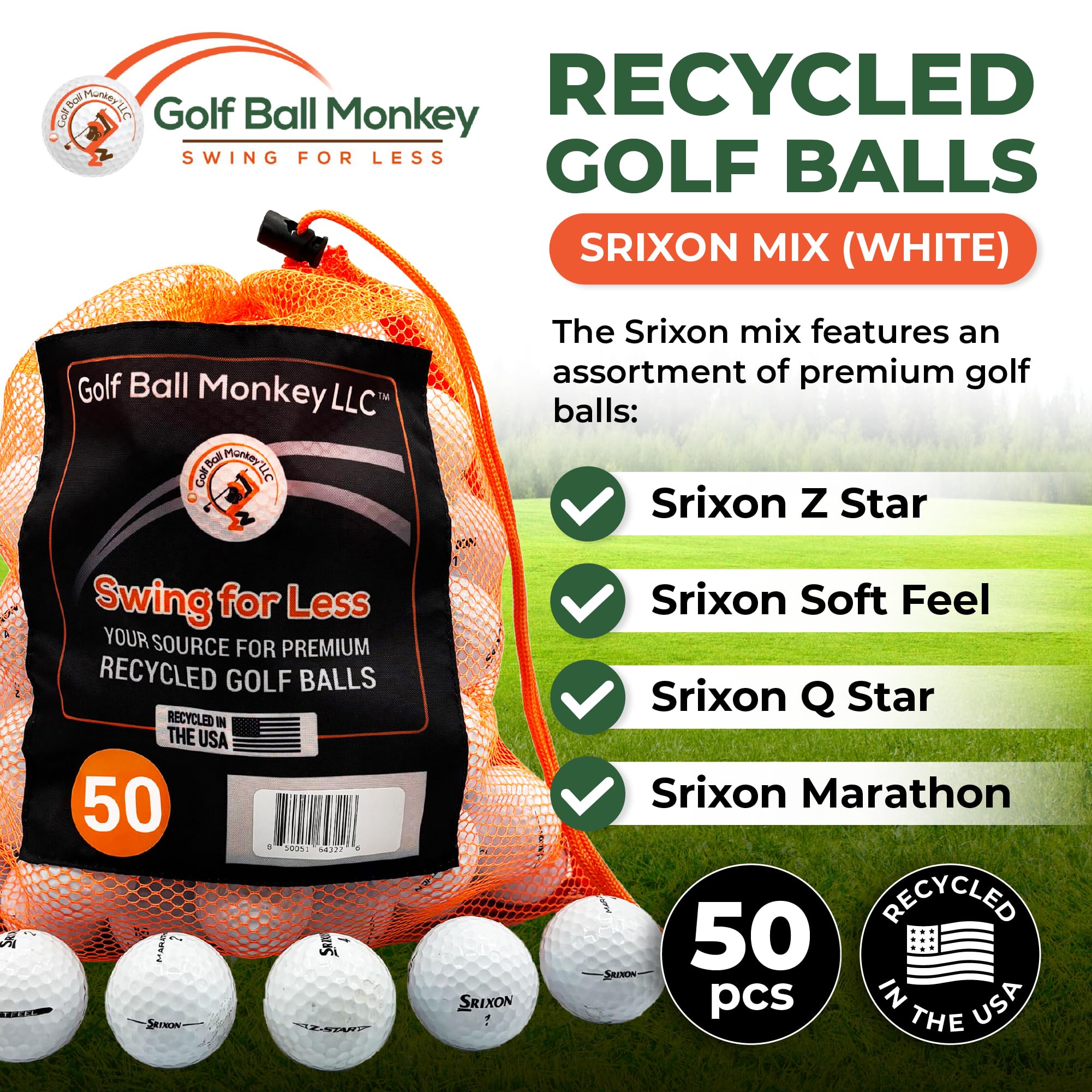 Golf Ball Monkey close-up of scuffed Srixon logo confirming authentic reuse