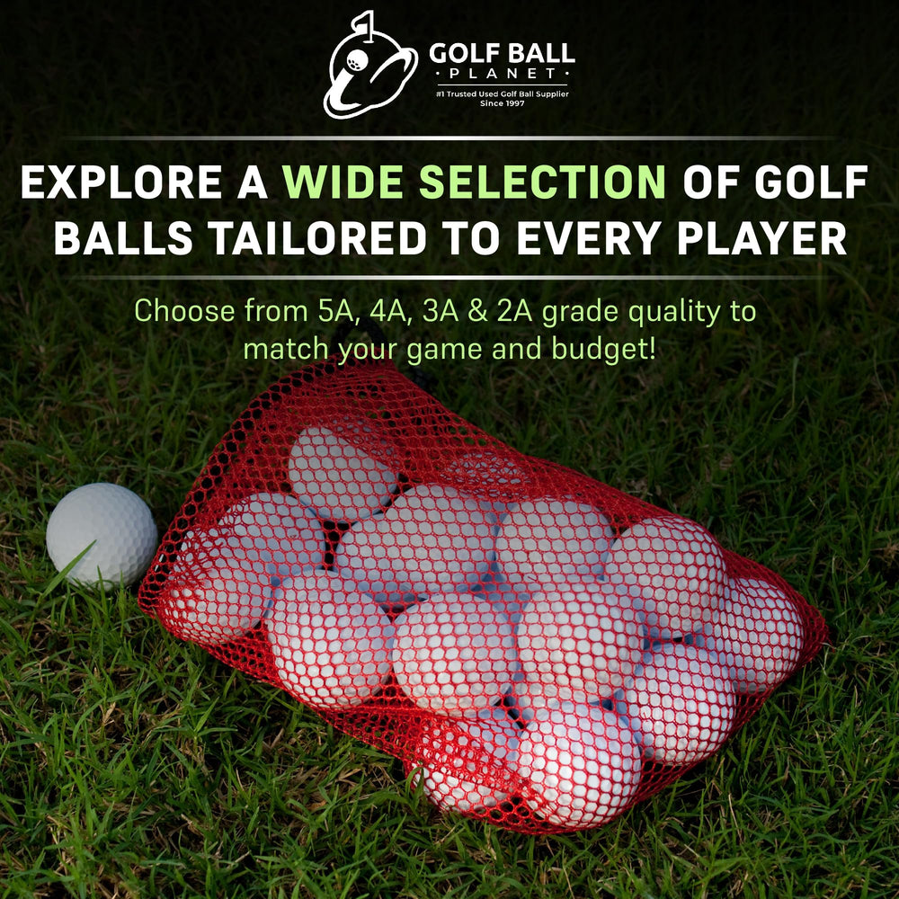 Golf Ball Planet E6 fifty-ball spread on grass showing quantity and value pack convenience