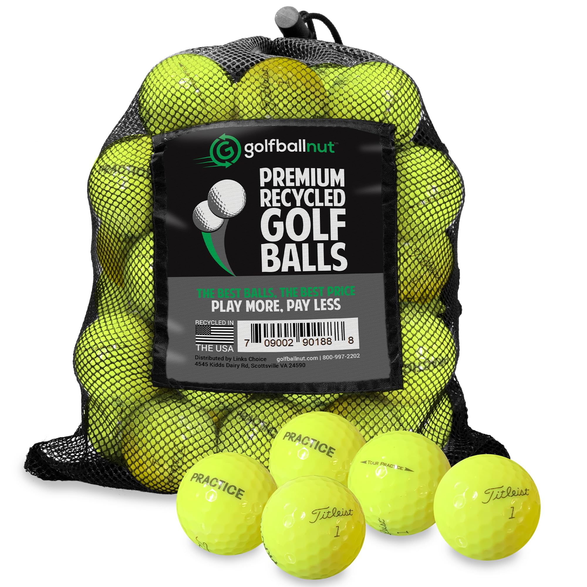 GolfBall Nut front packaging showing 48 bright yellow recycled balls and bag, easy transport benefit
