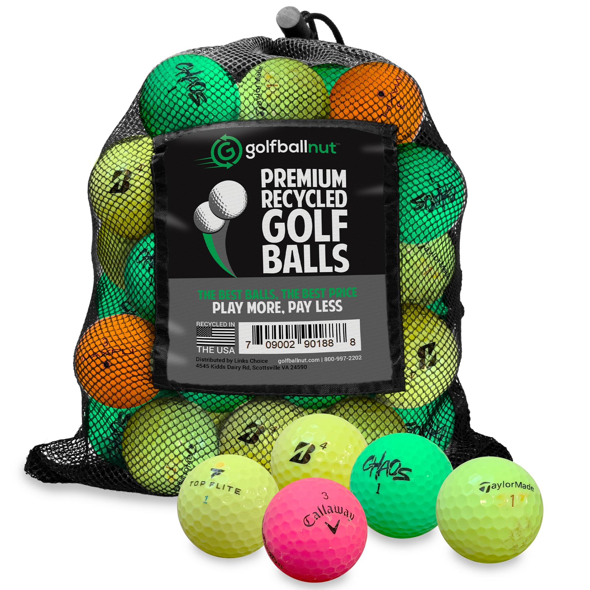 GolfBall Nut front packaging showing 48 recycled balls and mesh bag for easy transport