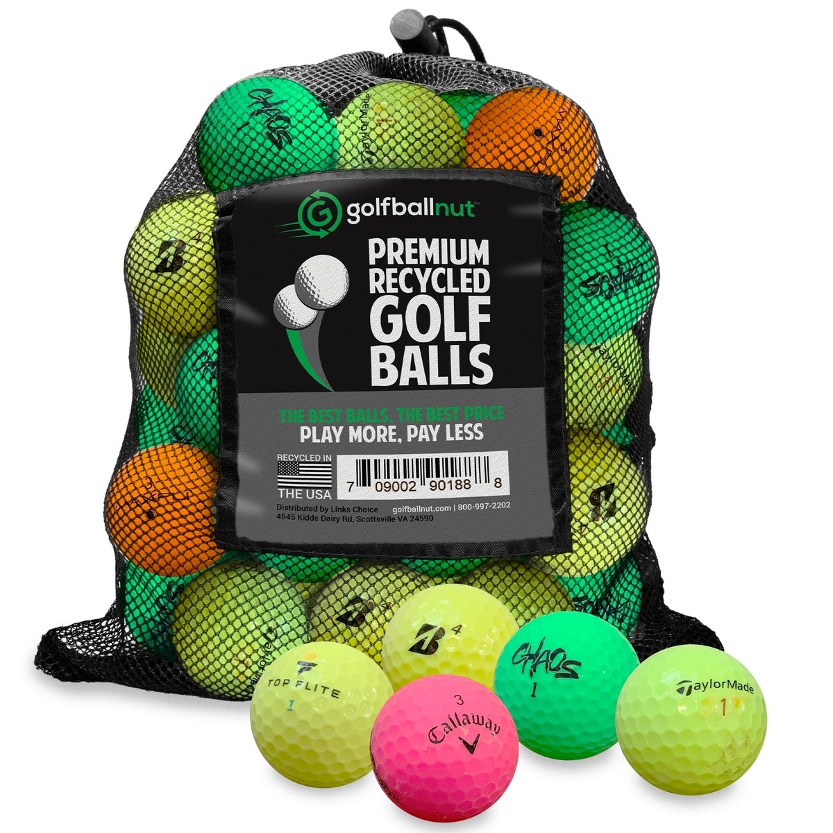 GolfBall Nut front packaging showing 48 recycled balls and mesh bag for easy transport