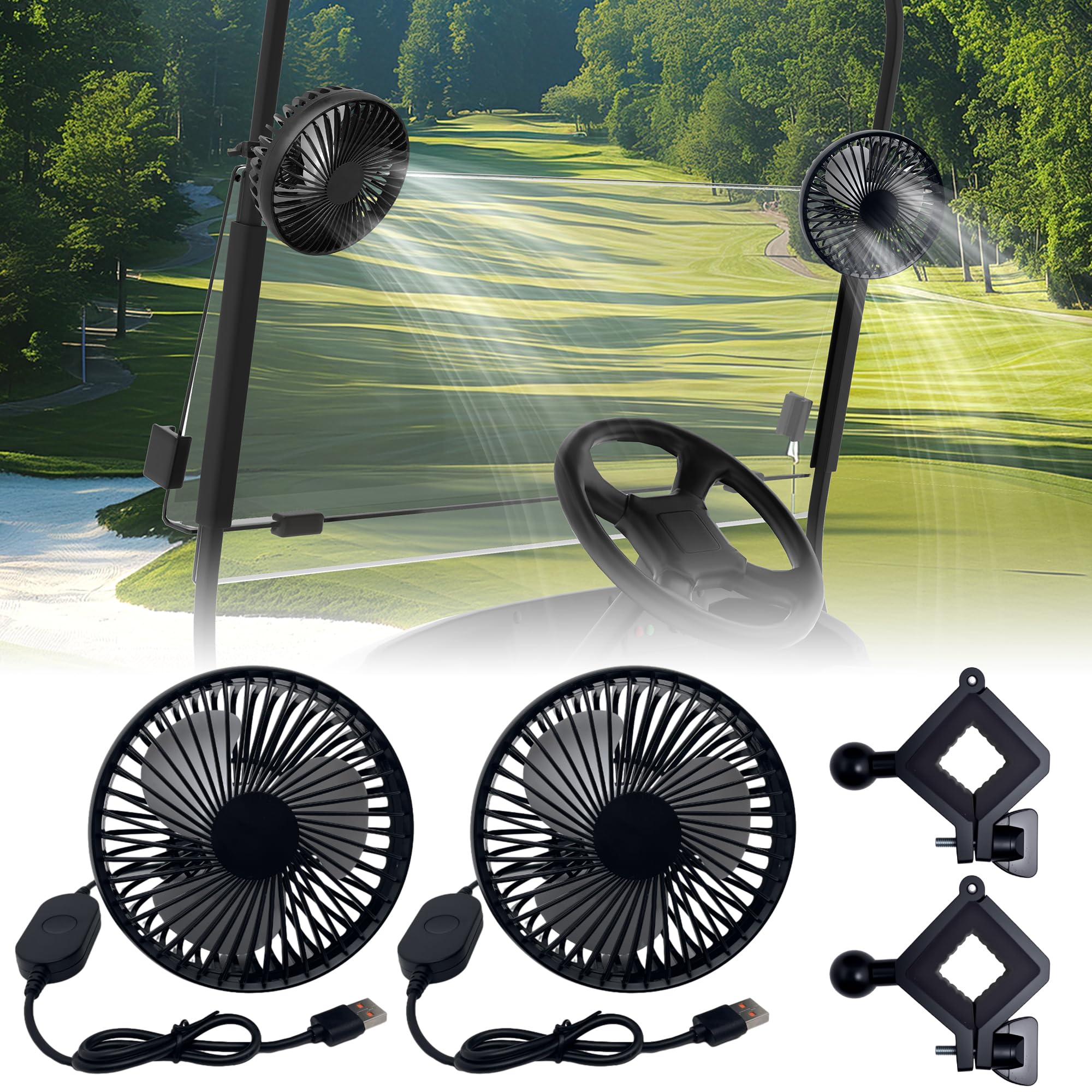 GOLFCOZER front view mounted on golf cart frame showing stable airflow