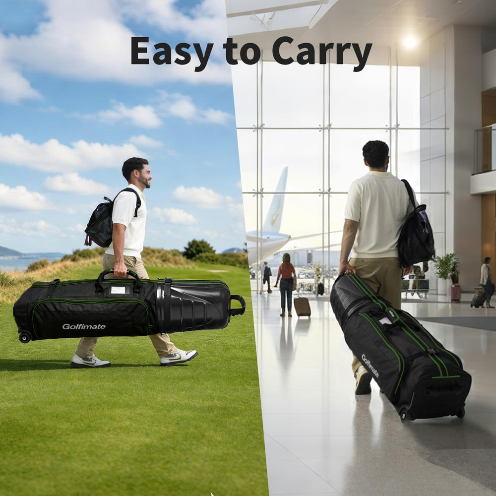 Golfimate ID tag holder visible for quick identification at baggage claim