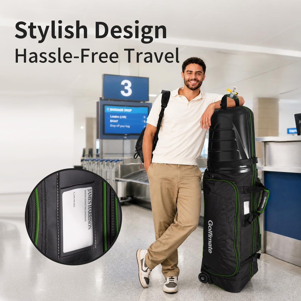 Golfimate used in an airport setting enabling easy travel with clubs