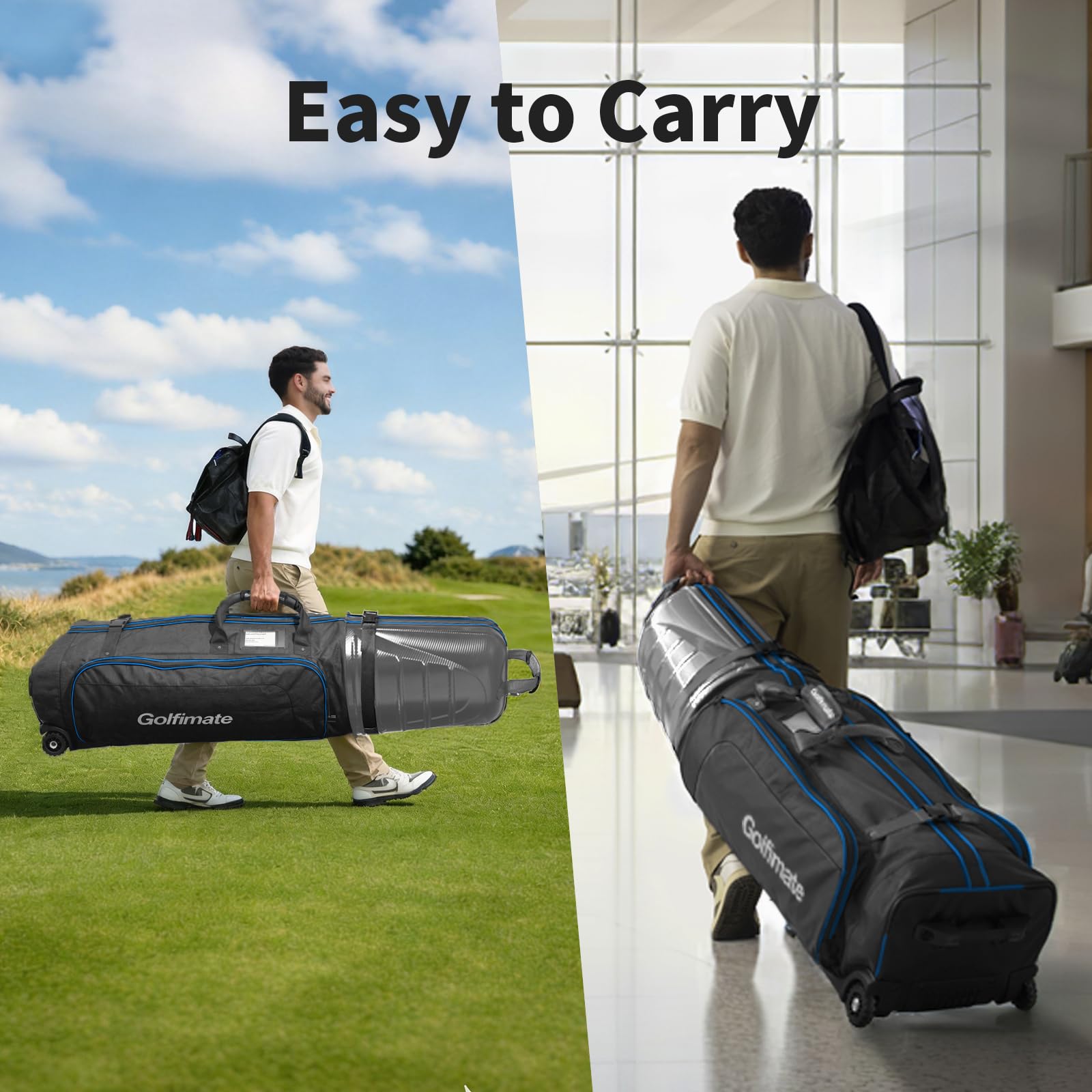 Golfimate scale comparison with suitcase showing airline-ready size