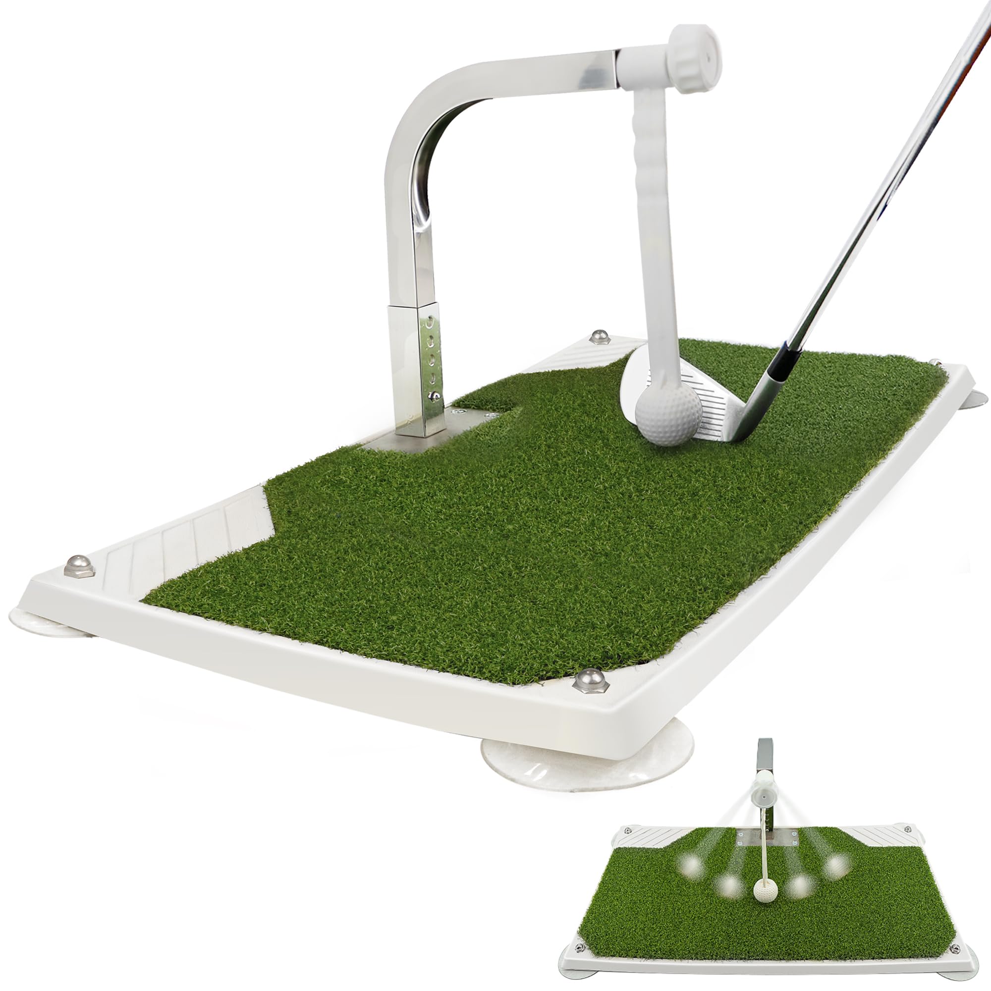Golfupp front view of mat and club attachment showing stable practice setup