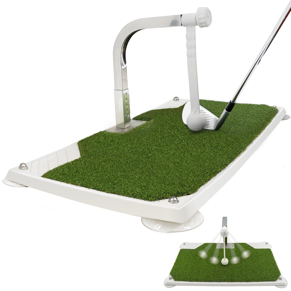 Golfupp front view of mat and club attachment showing stable practice setup