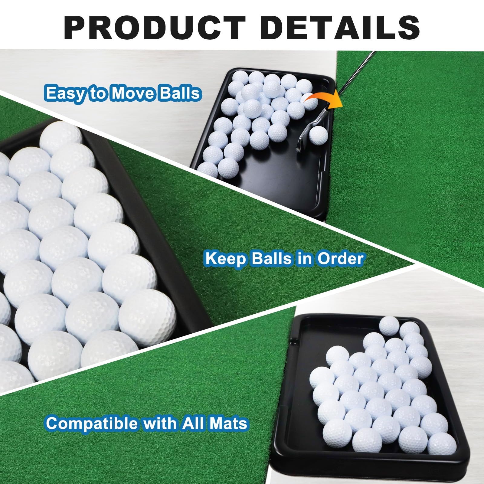 Golfupp tray slid under hitting mat for secure, no-shift stability