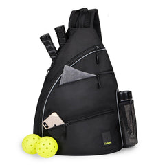 Goloni front view of black pickleball bag showing organized pockets and stylish design for easy transport