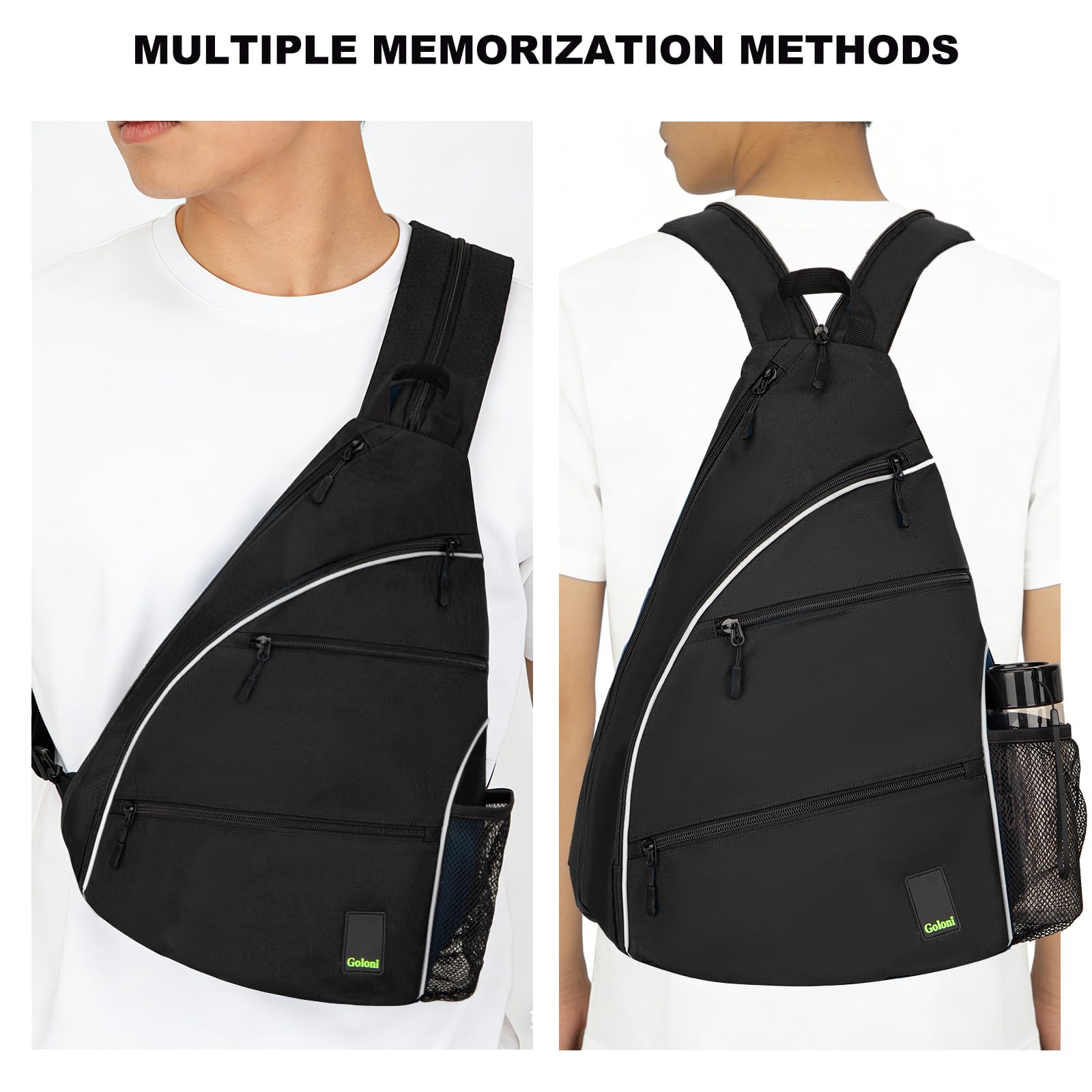 Goloni lifestyle shot at pickleball court showing bag in real use and easy access during play