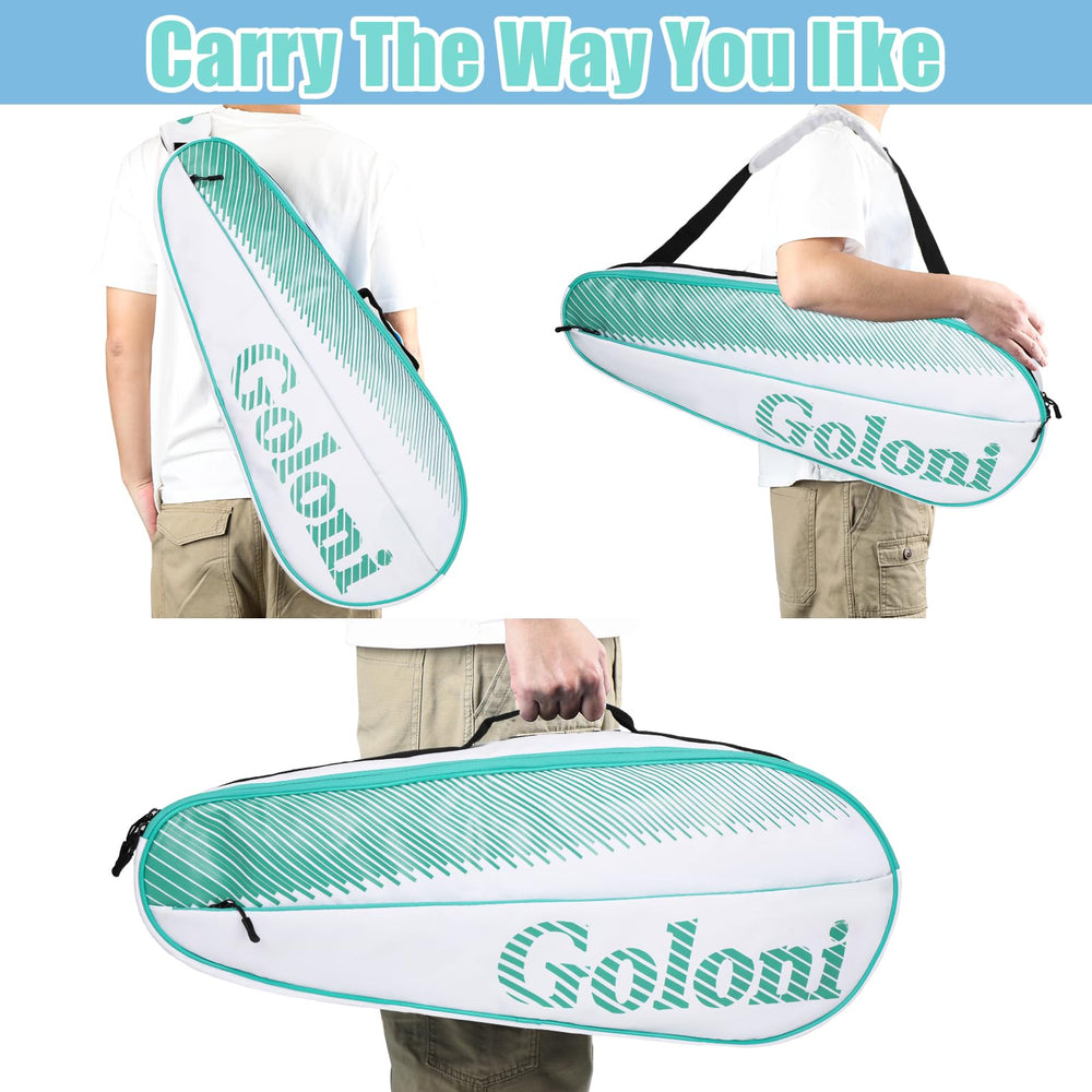 Goloni placed on tennis court near bag and racket showing ready-to-play convenience benefit