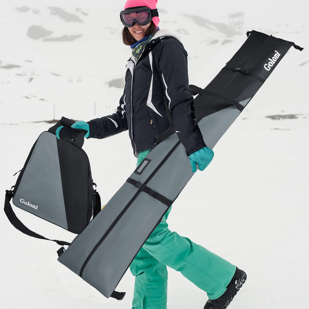 Goloni size comparison with skis and boots demonstrating fit for up to 180 cm skis and US13 boots