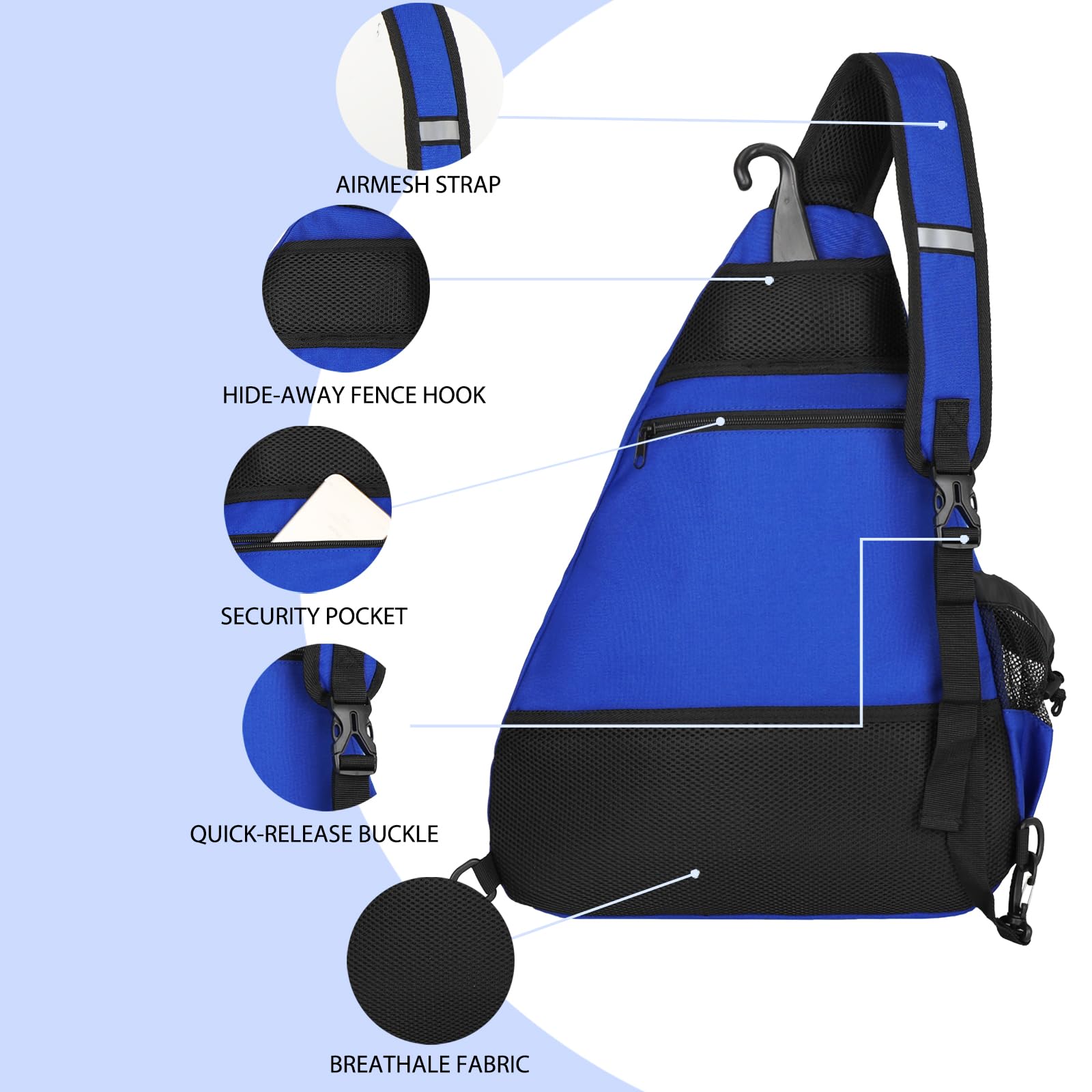 Goloni sling bag hung on fence hook illustrating convenient courtside storage