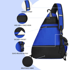 Goloni sling bag hung on fence hook illustrating convenient courtside storage