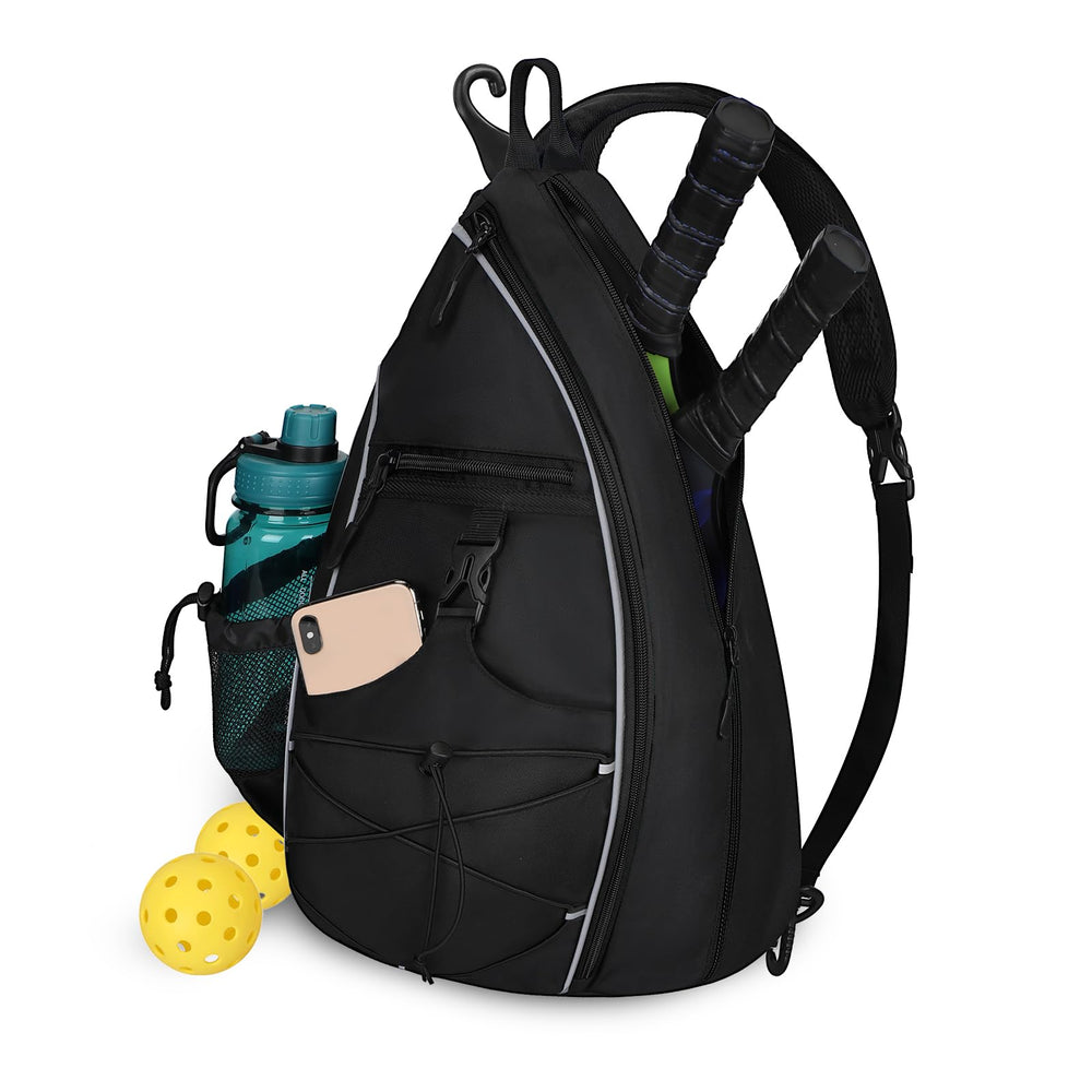 Goloni sling bag front view showing organized exterior and reflective accents for visibility