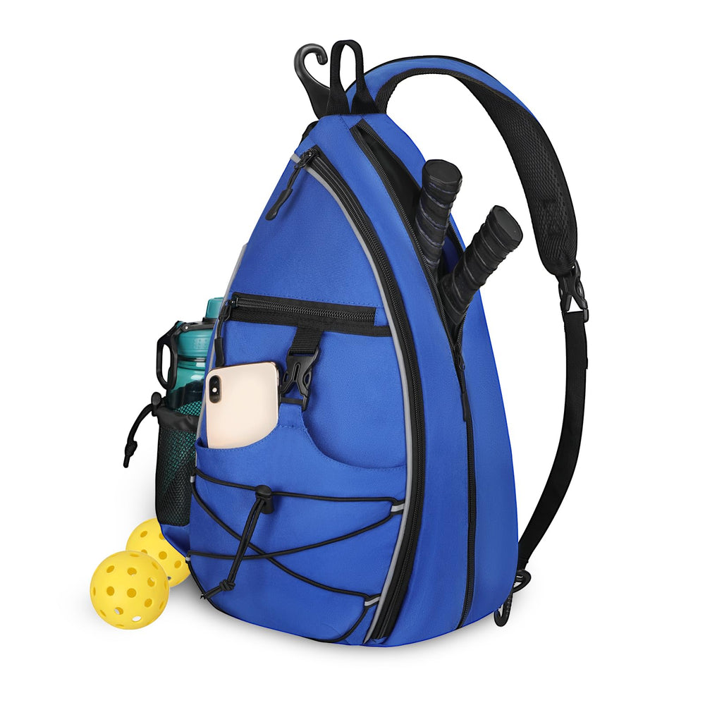 Goloni sling bag front view showing organized pockets and court-ready look