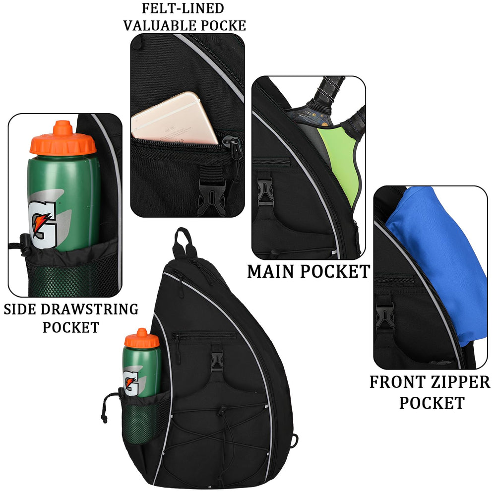 Goloni sling bag hung on court fence using built-in hook for hands-free convenience