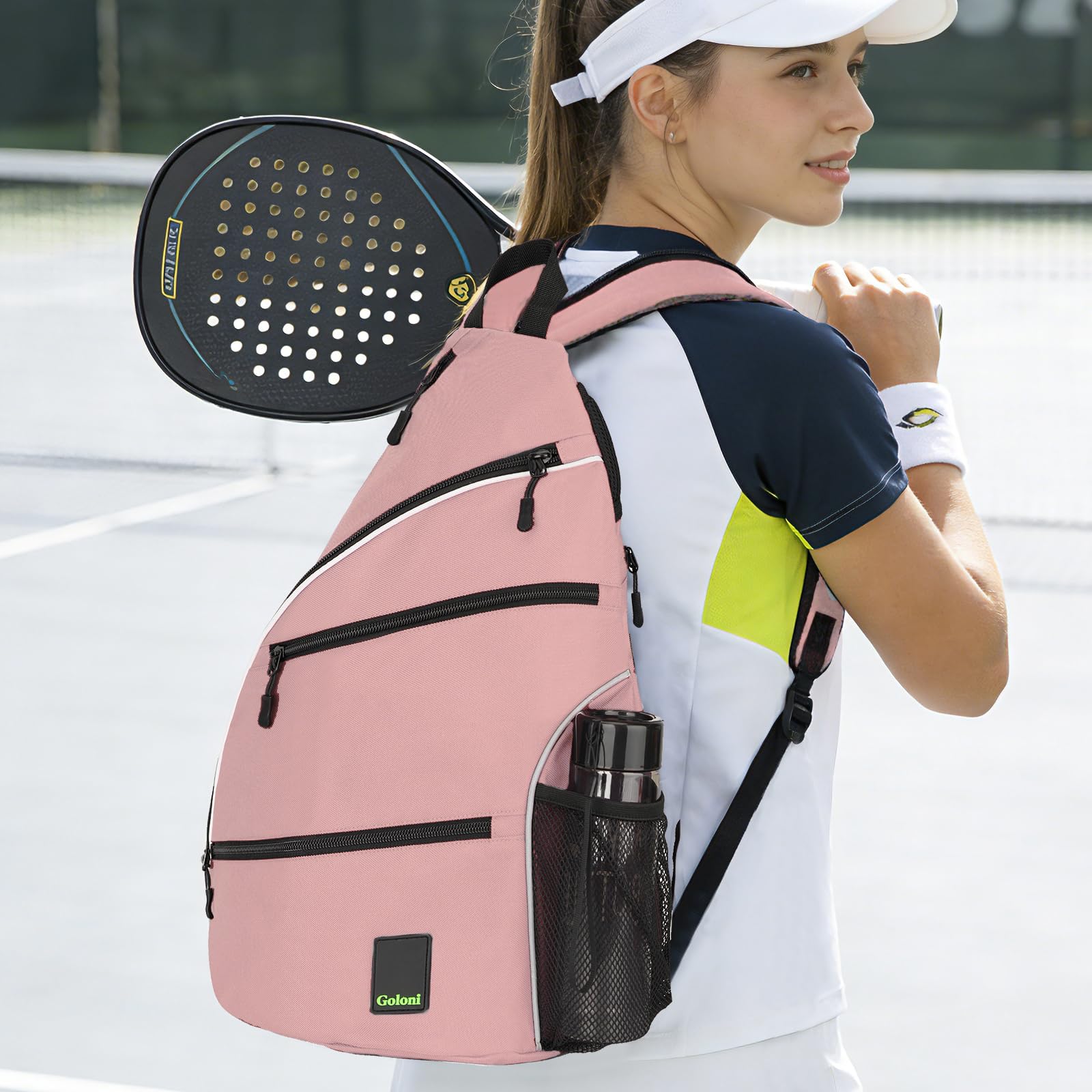 Goloni worn as backpack on court showing comfortable padded straps and support