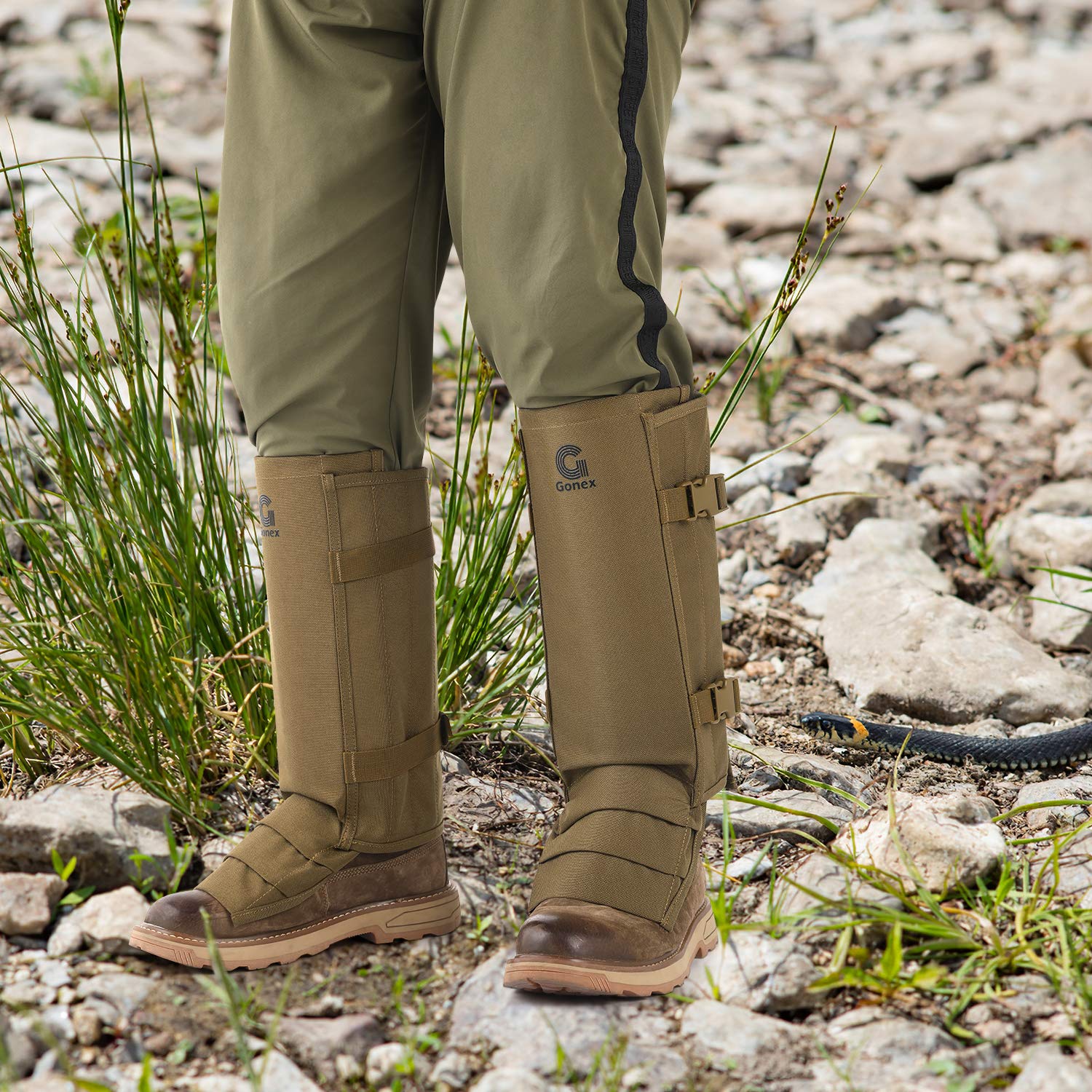 Gonex on model adjusting calf straps showing customizable fit for different sizes