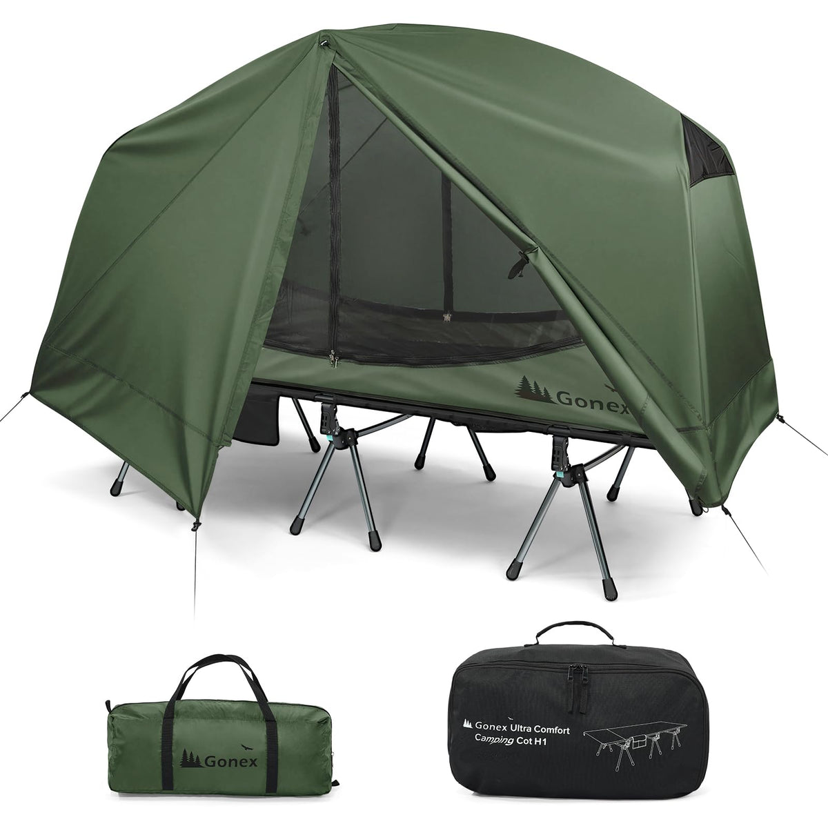 Gonex front packaging view showing cot and tents, easy transport benefit