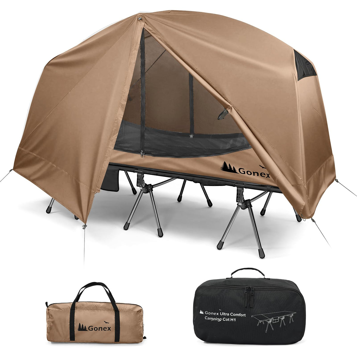Gonex front view of cot tent showing raised sleeping platform and shelter benefit