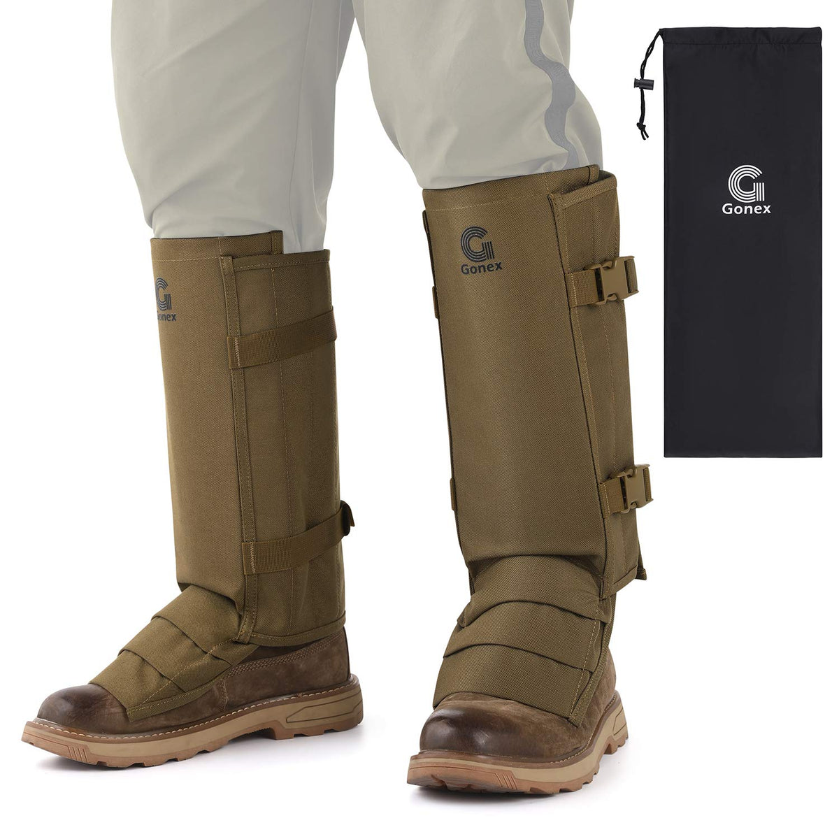 Gonex front view of snake gaiters showing full lower-leg protection and coverage