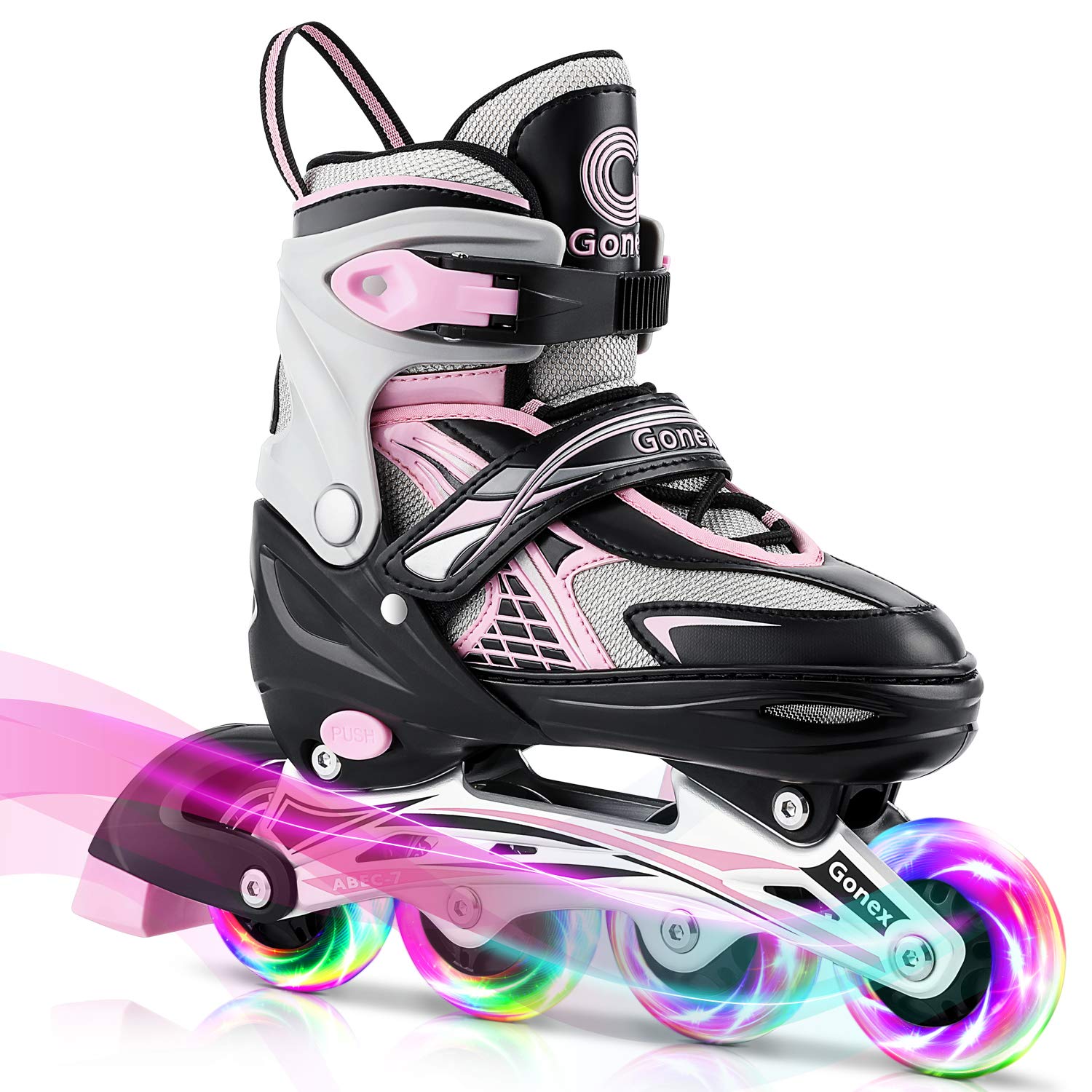 Gonex front view of skates showing structured shell and comfy padding